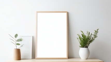 Wall Mural - Fresh Minimalism: White Background with Green Plants and Blank Picture Frame Design Template