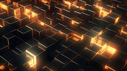 Wall Mural - black 3d square block texture with neon light led perspective shadow