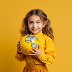 Wall Mural - Little student girl with a world ball. Studying geography.