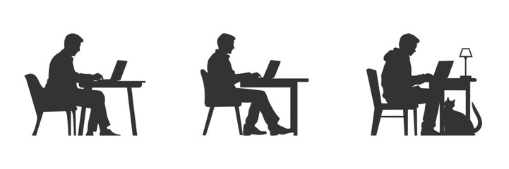 Man working at computer silhouette. Vector illustration