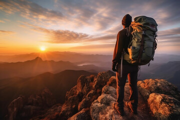 Wall Mural - Mountain man peak backpack trekking freedom rock nature traveler adventure hiking