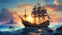 "Sunset Serenity: A Stylized Pirate Ship's Odyssey"