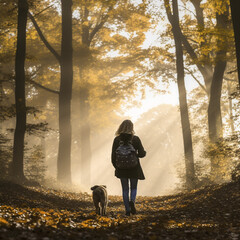 Wall Mural - Woman hiking with her dog.