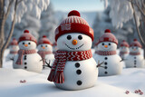 Fototapeta Tęcza - christmas tree decorations, santa claus with gifts, snowman in the snow, christmas gift boxes	