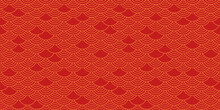 Chinese Seamless Pattern, Japanese Background, Oriental Red Texture. Asian New Year Vector Ornament. Traditional Motif, Wave Gold Style. Decoration Illustration