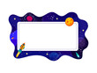 Cartoon frame with galaxy space landscape, rockets and planets, vector background. Copy space frame border with spaceship in starry sky with alien planet, moon and galactic asteroids in outer space
