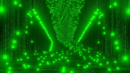 Flying through in the matrix abstract green binary code falling huge walls as 3d modeling futuristic text motion.