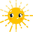 Cartoon happy sun character with smile on funny face, emoji or emoticon vector icon. Cute sun with yellow shine rays smiling for morning, baby or kids comic cheerful sunshine emoji