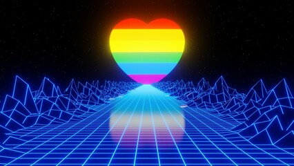Wall Mural - 3d blue  80s 90s retrowave neon sunset heart road. Retro cyberpunk futuristic background. Love celebration valentine's day. LGBT pride Glow and shine  4k . y2k