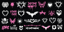 Gothic Tattoo Heart Set, Vector Emo U2k Love Logo Kit, Vintage Graphic Fashion Print Butterfly. 90’s Punk Romance Grunge Sticker, Valentine Dark Groovy Fashion Clipart, Cherub. Gothic Heart Retro Sign