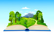 Cartoon opened book with green forest, meadow and mountains, vector nature landscape. Mountain rock and road path in summer forest valley on book pages for fairy tale story or game background