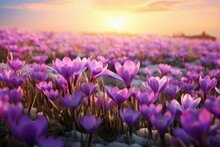 Radiant Sunny Crocus Field. Nature Flower. Generate AI