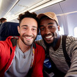 GAY COUPLE TAKING SELFIE IN THE AIRPLANE CABIN. image created by legal AI
