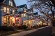 Long-exposure shot of townhouses aglow with multicolored Christmas lights 