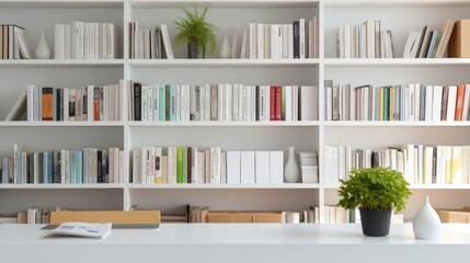 Workplace with a not book on the desk, and bookshelf in the library Background.