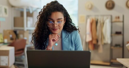 Fashion, laptop or happy woman typing for online shop, e commerce or clothing store sales delivery. Computer, smile or entrepreneur in small business thinking of planning schedule, stock or logistics