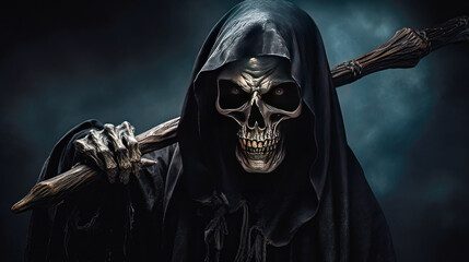 Wall Mural - Scary halloween concept. Scary skeleton in black death costume with wooden axe on dark background