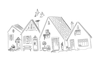 Stylized vintage houses, hand drawn, on white background