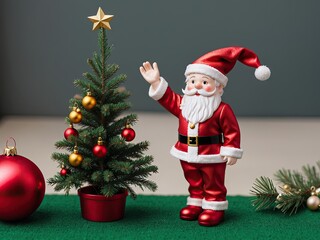  a small christmas tree with a santa clause figure next to it.  generative ai