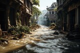 Europe floods: extreme rainfall caused rivers to burst their banks. Flood with high water disaster in Europe, flooding houses, submerged vehicles with rising water. Global warming, climate change