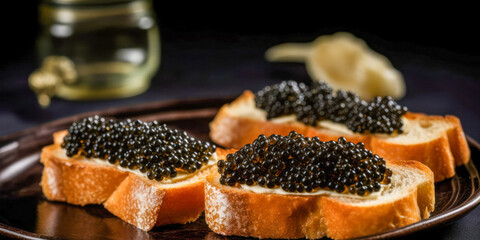 Wall Mural - Black caviar toast on dark background. Generative AI.