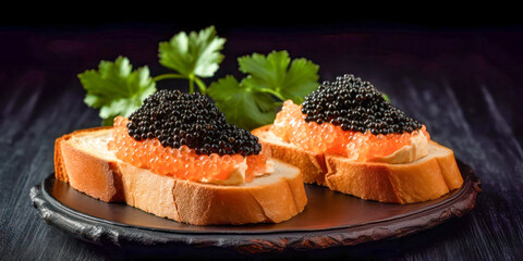 Wall Mural - Black caviar toast on dark background. Generative AI.