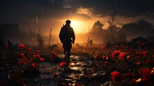 Field Of Red Poppies On Armistice Day, A Solemn And Reflective Scene With A Single Soldier Silhouetted Against The Morning Sky