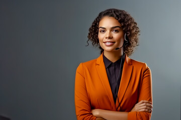 Portrait of young woman in studio on colored background.