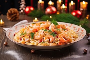 Pasta with seafood on a Christmas background. Feast of the Seven Fishes.