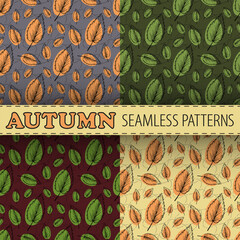 Wall Mural - Autumn fall. Vector seamless pattern collection. Hand drawn line leaves upon abstract shapes of earthy colors. Best for textile, wallpapers, wrapping paper, package and your design.