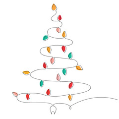 Canvas Print - Christmas tree with colorful lights. Continuous one line drawing. Vector illustration