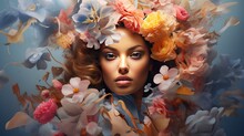 A Collage Of Abstract Contemporary Surreal Art That Depicts A Young Woman With Flowers