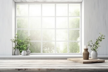 Wall Mural - Empty wooden table top, flowers and window in scandinavian white interior. Background, mock up, template for montage product display.