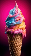 Wall Mural - Ice cream cone with pink, blue and yellow flavors on pink background. Various of Ice Cream Flavor. Summer and Sweet Menu Concept.. Background with a copy space.