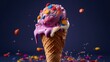 ice cream in waffle cone with sprinkles on dark blue background. Various of Ice Cream Flavor. Summer and Sweet Menu Concept.. Background with a copy space.