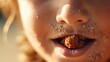 Close-up of a little girl eating chocolate with her mouth closed. Various of Ice Cream Flavor. Summer and Sweet Menu Concept.. Background with a copy space.
