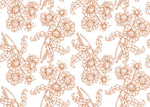Summer Pattern With Flowers Sunflower. Hand Draws Field Plants With Ink Orange Outline Sunflower On White Background. Design For Print, Packaging, Wallpaper, Textile.