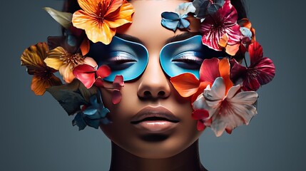 An abstract collage portrait of a young woman wearing flowers on her face that cover her eyes.