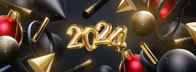 Poster - Merry Christmas and Happy New Year. Golden 2024 numbers with Christmas ball, flowing black, red and gold geometric 3d shapes. Vector holiday illustration. Winter festive poster or banner design