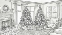 Interior Of A House Black And White, Coloring Book Page,                              A Christmas Tree With Ornaments  