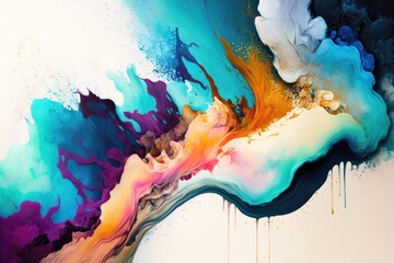 Poster - Abstract background with blue and orange ink splashes on white paper