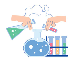 Poster - Chemistry with Hand Pouring and Mixing Substance in Glass Flask Vector Illustration