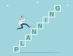 Wall Mural - Planning to achieve goals, winning strategy to defeat competitor, methods and ways to move up career ladder, achieving heights through hard work, growth and progress, man running up the planning steps