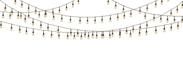 Glowing Christmas string lights isolated on a transparent background. Perfect for Xmas, New Year, wedding, or birthday decorations. Ideal for party event decor. PNG