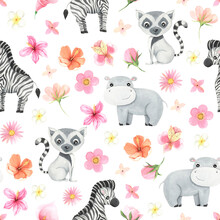 Seamless Pattern With Watercolor Tropical Exotic Animals