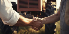 Agribusiness Handshake Business Deal Agreement Between Businessman And Farmer, Purchase Sell Tractor Farm Machinery Equipment, Partnership Cooperation Collaboration In Agriculture Business 