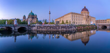 View Of Berliner Dom, Berliner Fernsehturm And Humboldt Forum Reflecting In River Spree At Dusk, Berlin, Germany