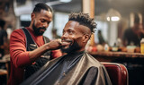 Fototapeta  - Barbershop Moments: Black Customer Receiving Haircuts