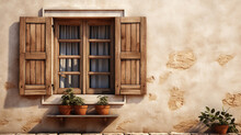 Old Ancient Wooden Window With Shutters On Facade Of Old Italian House. Scenic Original And Colorful View Of Antique Window With Flower Pots In Old City. Atmosphere Of Tranquility. Copy Space.