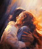 Fototapeta  - Woman hugging Jesus in heaven